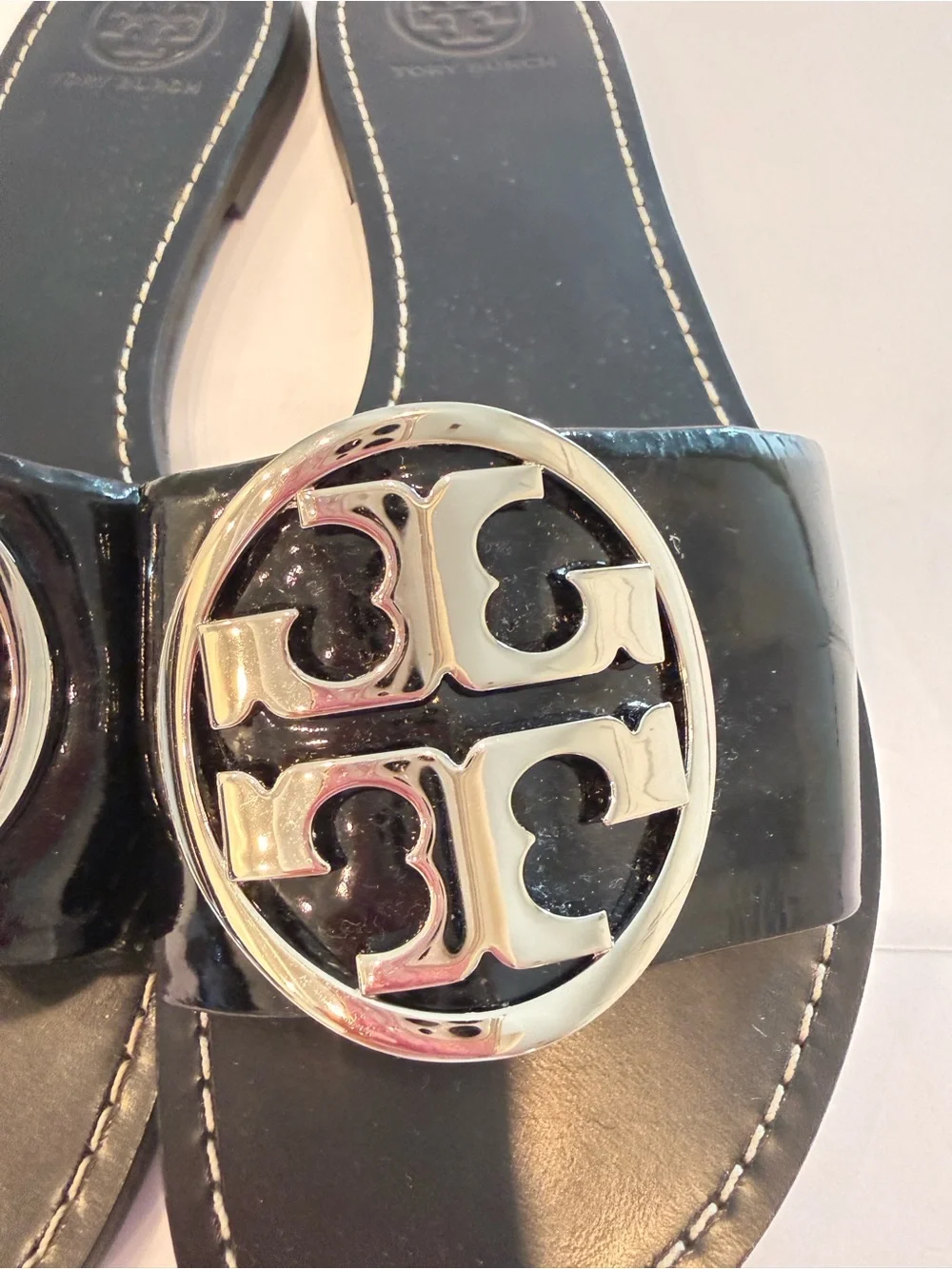 Tory Burch Grania Black Patent Leather Slide Sandals Silver Logo Size 9